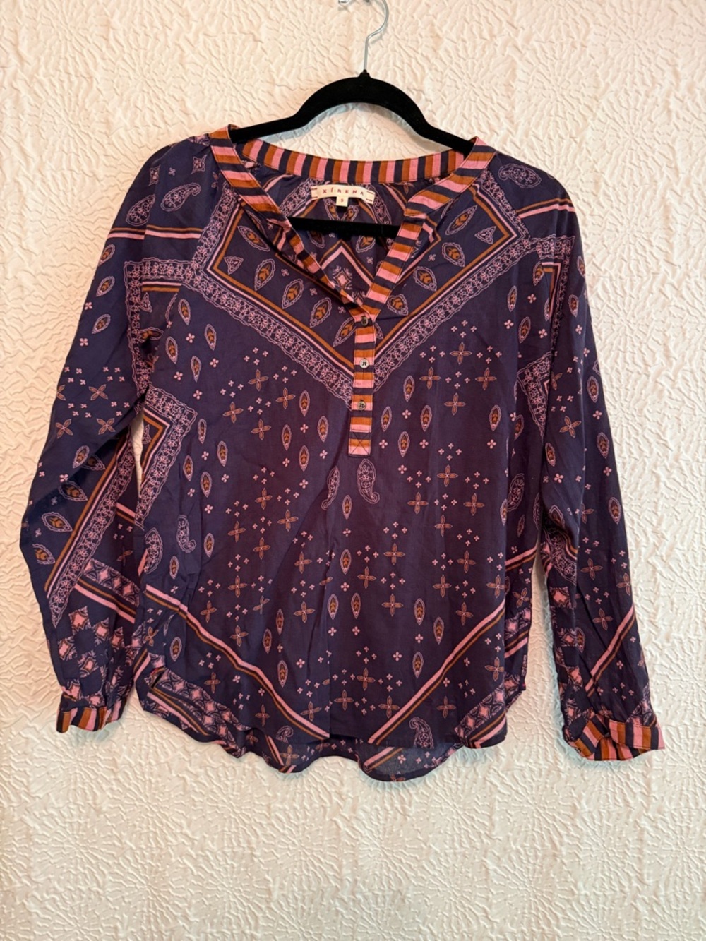XiRENA Purple Boho Print Long-Sleeve Blouse with Pink-Orange Trim